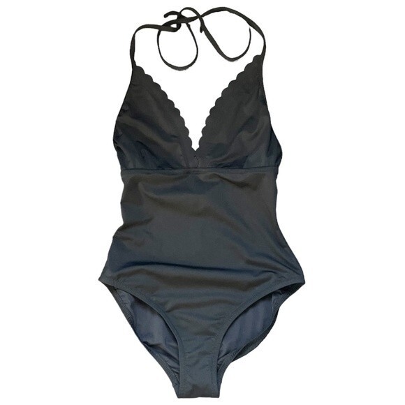 J. Crew Scalloped Neckline Matte Black One Piece Tie Neck Swimsuit Womens Size 0 - Picture 2 of 7